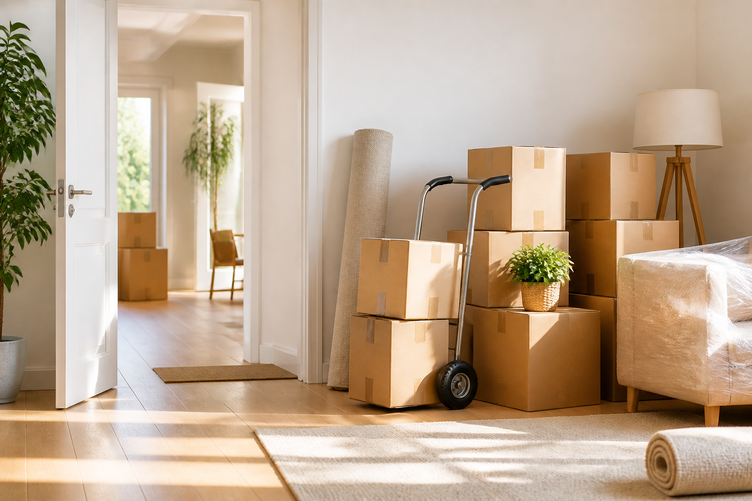 Vorbereiteter Umzug mit Kartons in einer hellen Wohnung